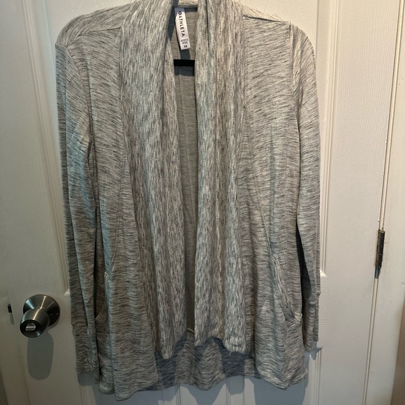 Athleta Size XS Gray Pranayama Wrap Cardigan Collar High Low Hem Back Open Sweat - Picture 3 of 6